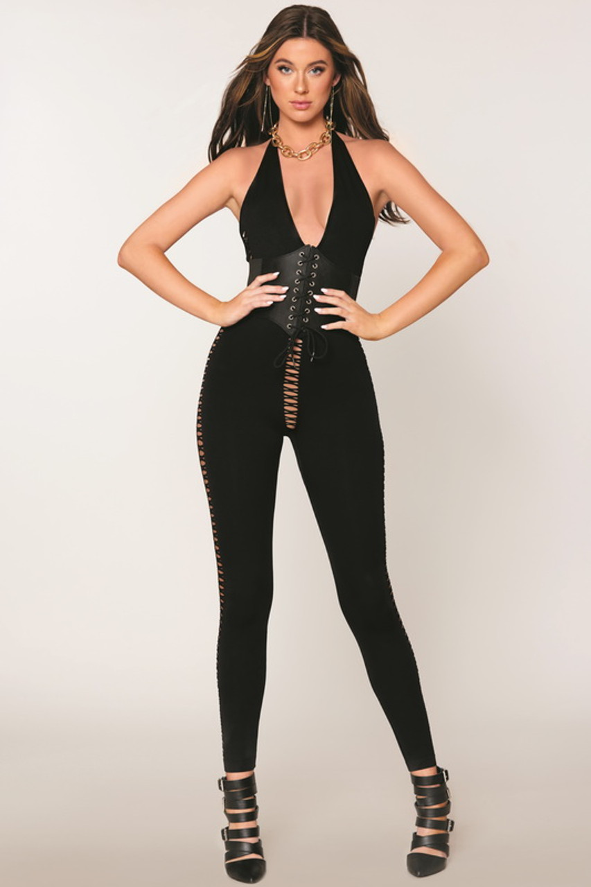 Black Opaque Knitted Catsuit Bodystocking