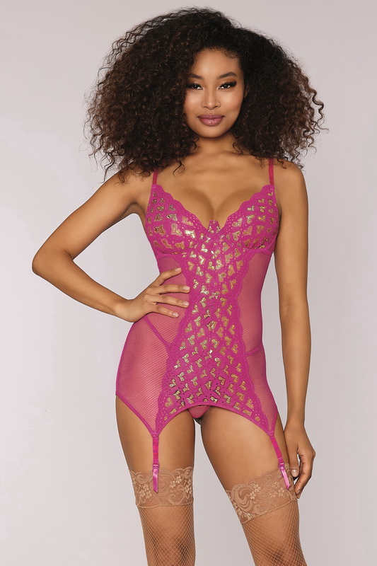 Pink Metallic Heart Mesh & Fishnet Lingerie Chemise