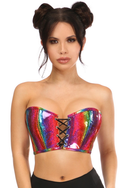 Lavish Rainbow Glitter PVC Lace-Up Bustier Top