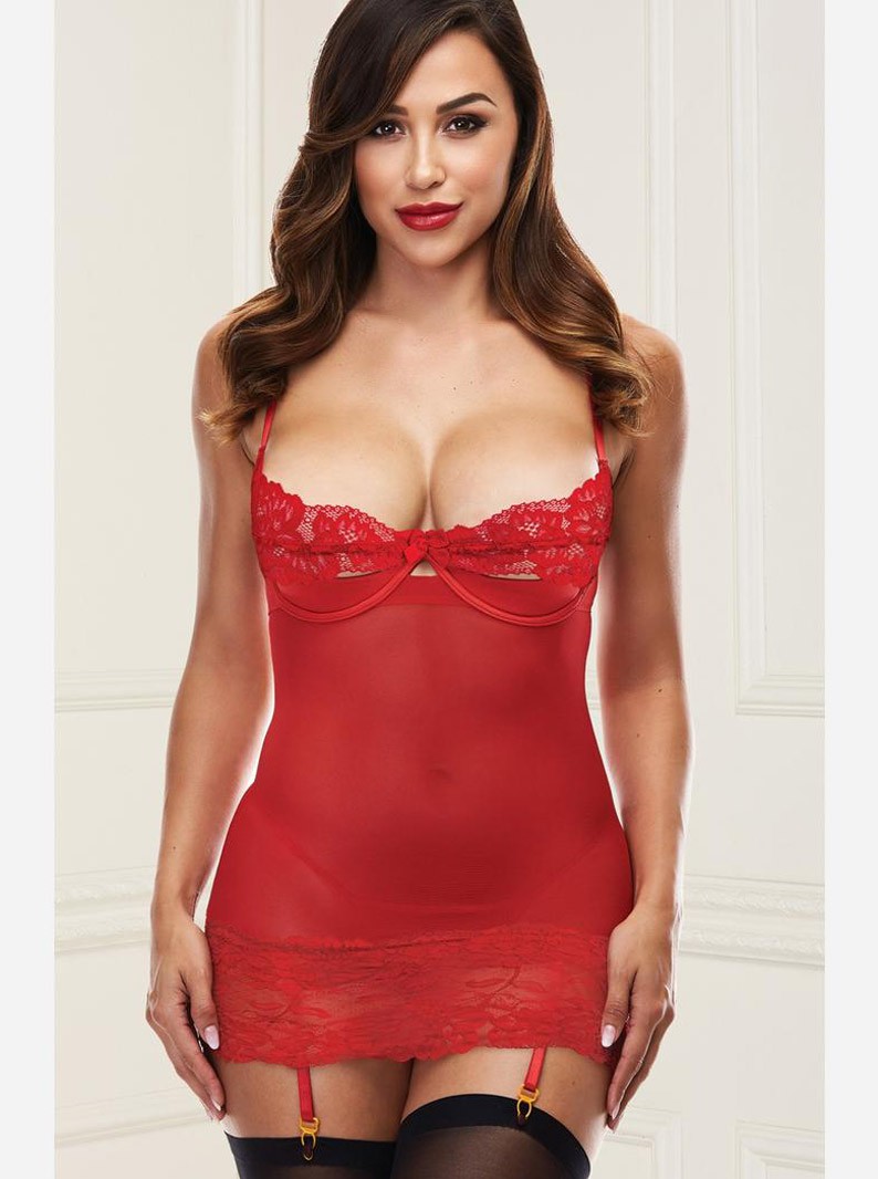 Mesh & Lace Underwired Chemise W/ Cut-Out Back