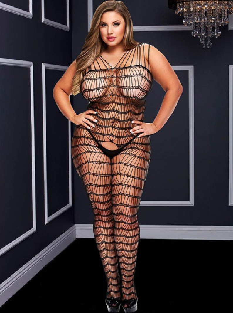 Plus Size Criss-Cross Pattern Crotchless Bodystocking