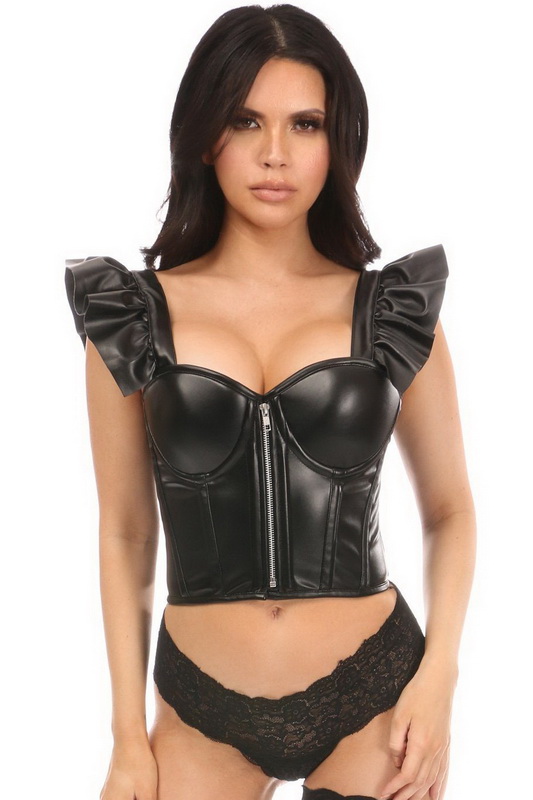 Black Faux Leather Ruffle Sleeve Bustier Top