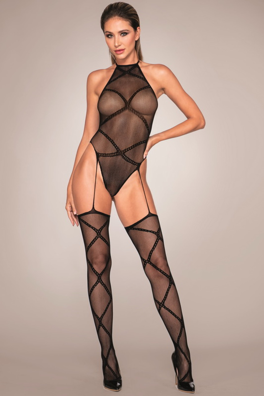 Black Fishnet Haltered Lingerie Teddy Bodystocking