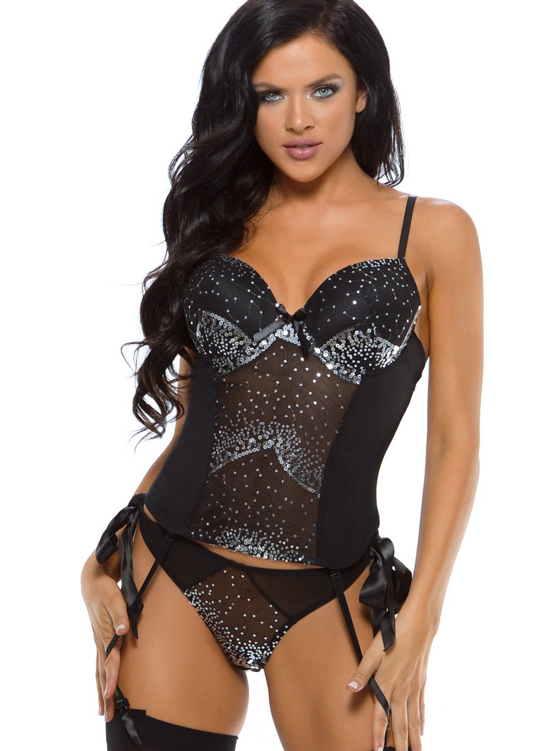 Black Mesh & Silver Sequin Underwired Bustier & Tie-Side Panty