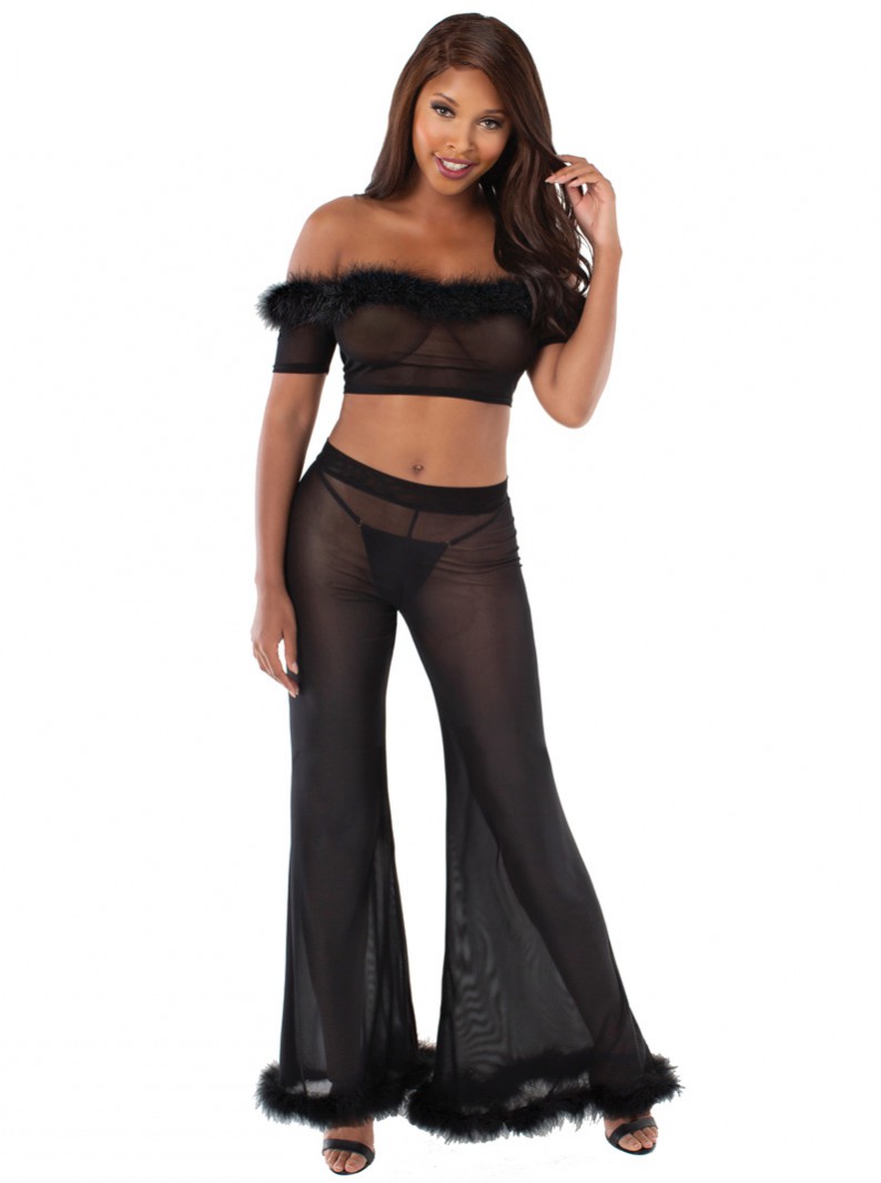 Sheer Mesh & Marabou Crop Top & Flared Pants