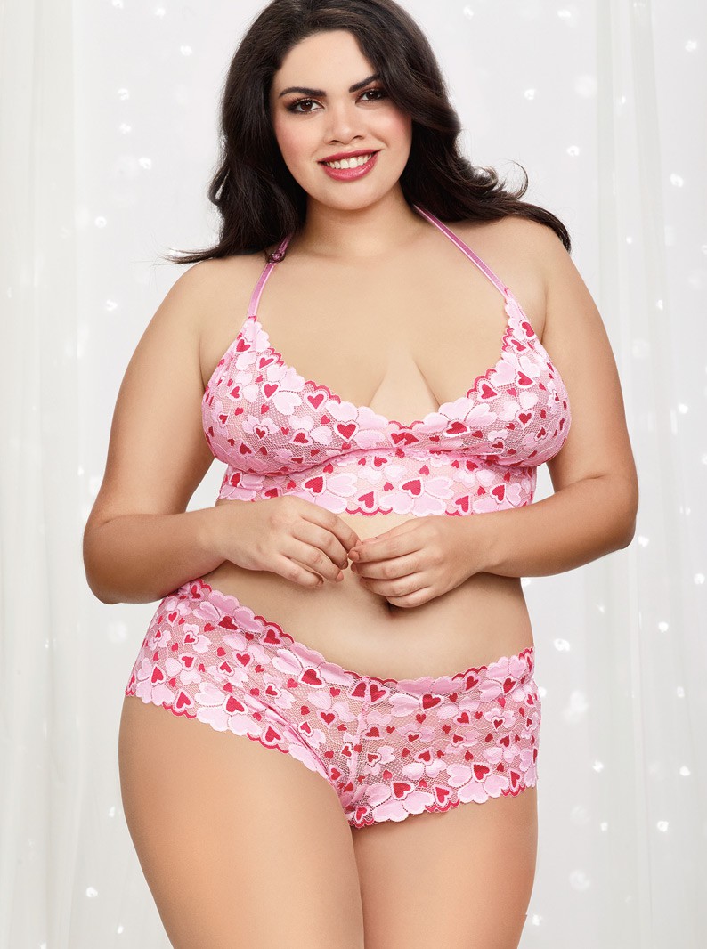 Plus Size Lipstick Red Jersey Camisole, Pink Heart Lace Bra Top