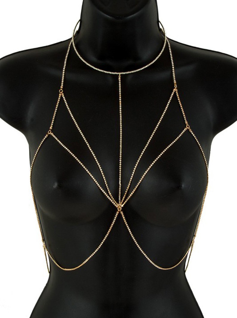 Gold Rhinestone Body Chain Bra Top