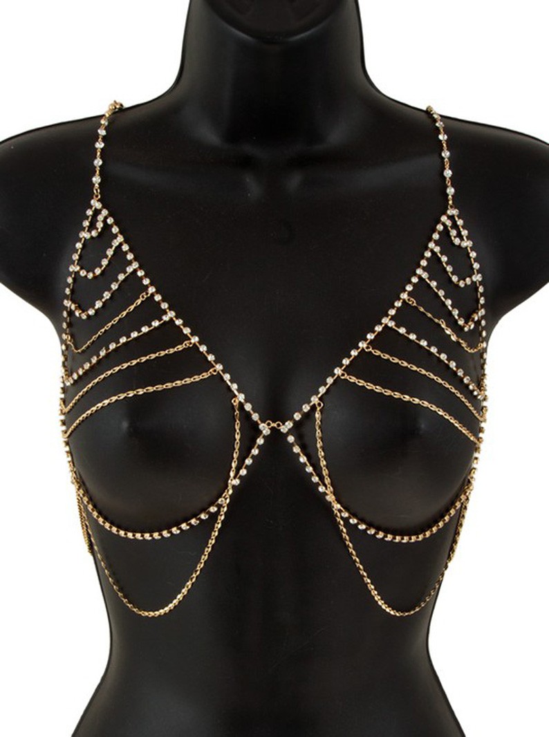 Gold Rhinestone Linked Body Chain Bra Top