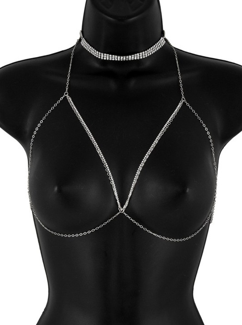 Rhinestone Linked Body Chain Bra Top & Choker