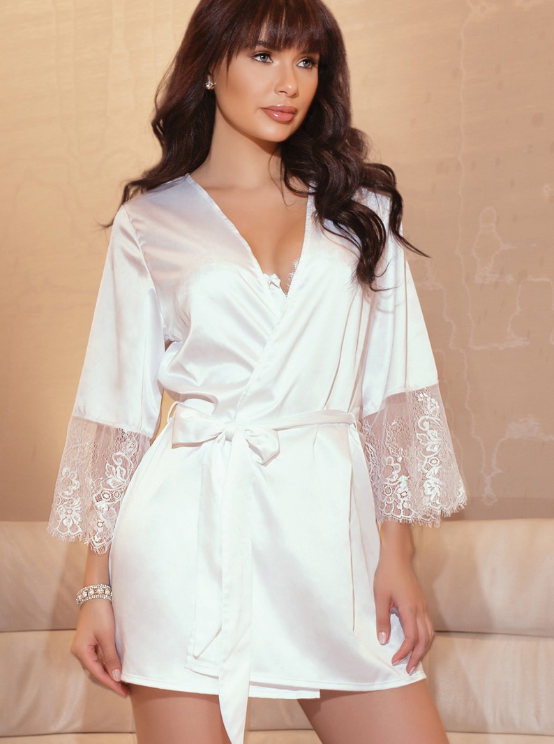 White Satin & Eyelash Lace Robe