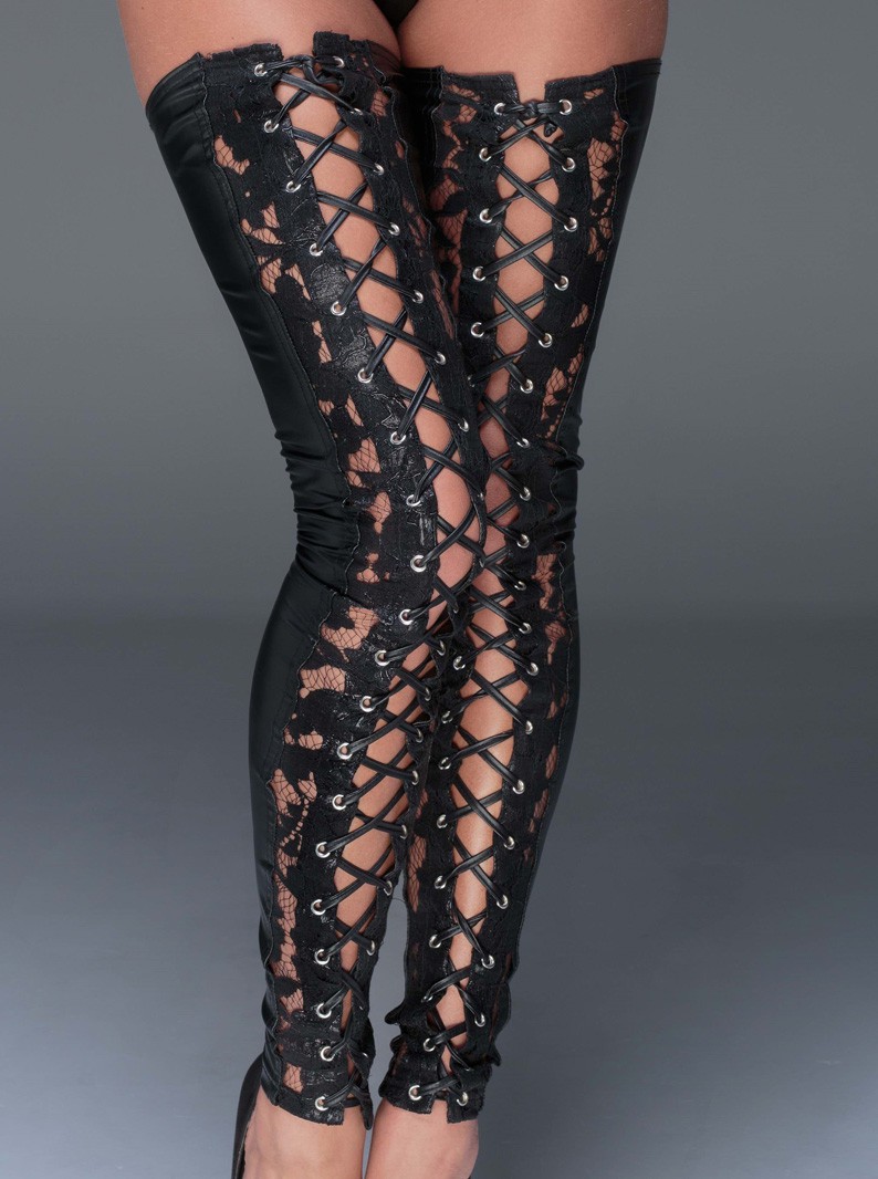 Black Wet-Look & Lace Footless Thigh Highs W/ Lacing