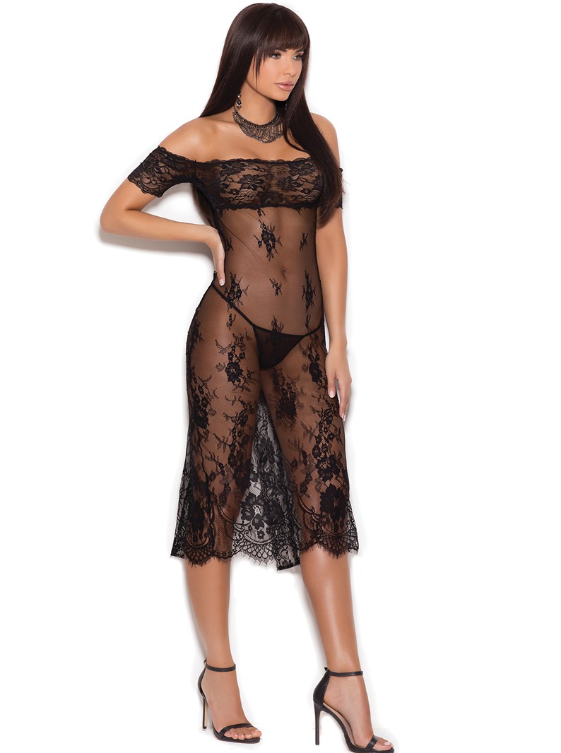 Floral Lace Off-the-Shoulder Tea Length Lingerie Gown