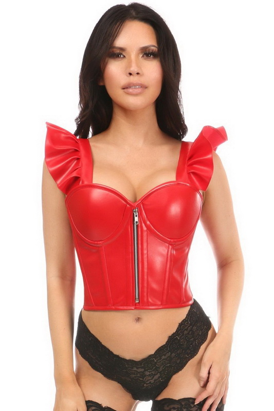 Red Faux Leather Ruffle Sleeve Bustier Top