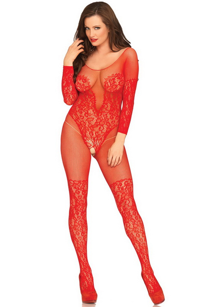 Red Vine Lace Net Crotchless Body