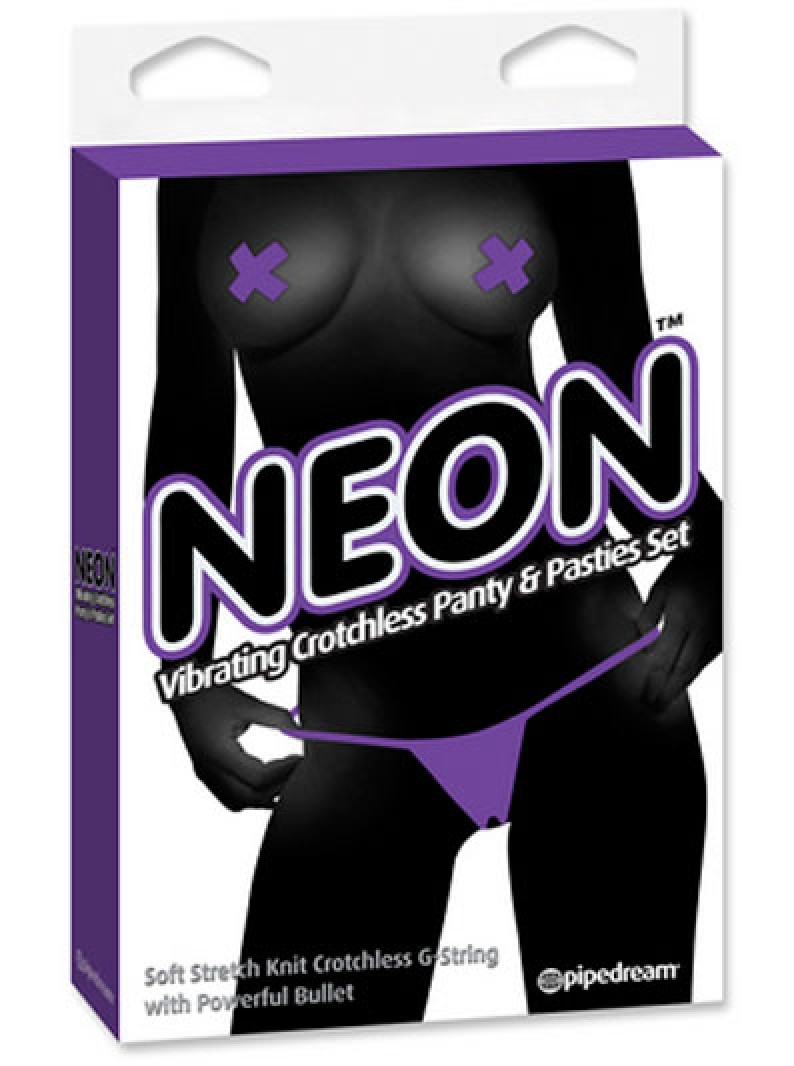 Neon Purple Vibrating Crotchless Panty and Pasties Set