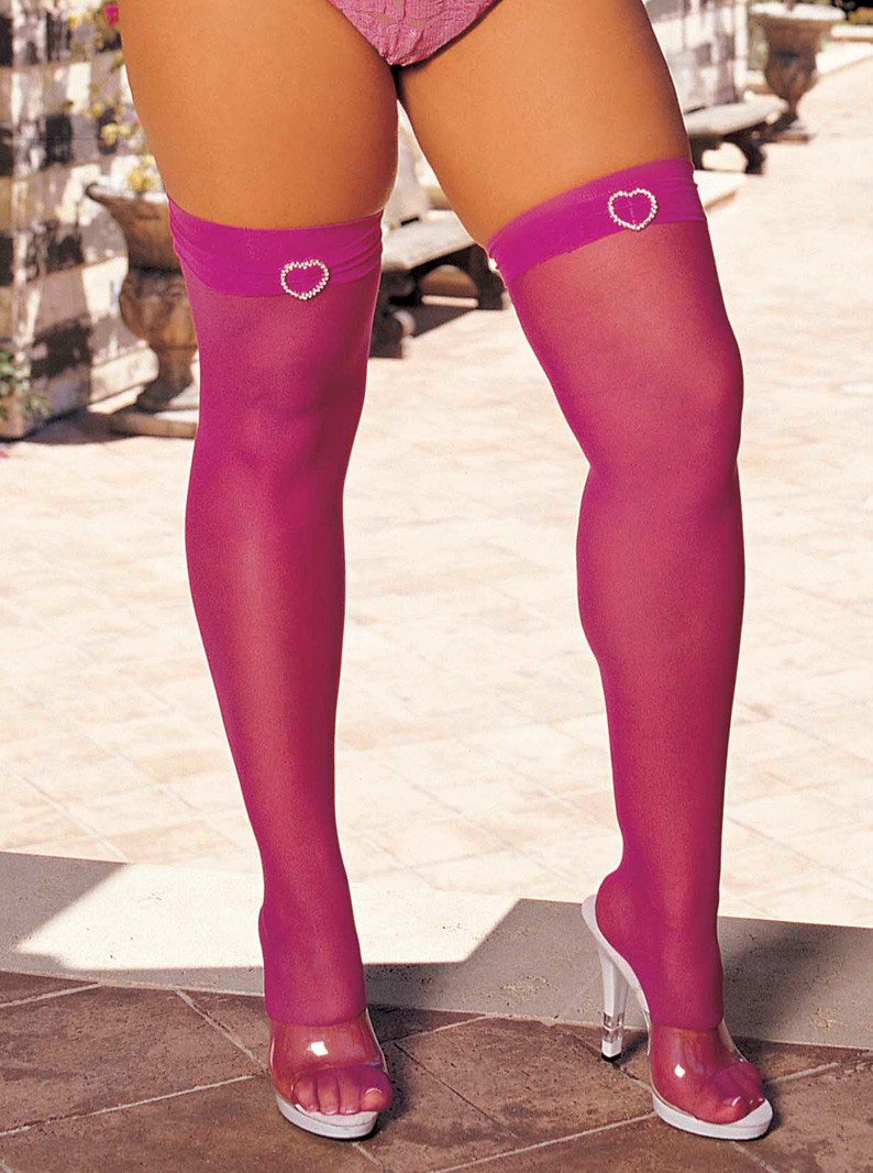 Plus Size Hot Pink Rhinestone Heart Buckle Sheer Stockings