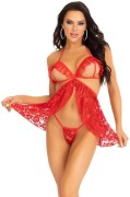 Red Lace Peak-A-Boo Lingerie Babydoll & G-String