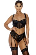 Black Satin and Floral Lace Bustier Set