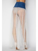 Pearl Embellished Sheer Lace Denim Pants