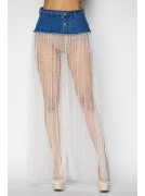 Pearl Embellished Sheer Lace Denim Pants