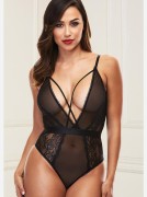 Sheer Mesh & Lace Plunging Teddy W/ Criss-Cross Straps