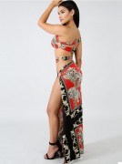 Red Printed Strappy Gown W/ Side Slit