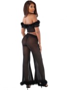 Sheer Mesh & Marabou Crop Top & Flared Pants