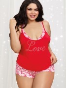 Plus Size Lipstick Red Jersey Camisole, Pink Heart Lace Bra Top