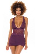 Italian Plum Lace & Mesh Plunging Lingerie Chemise