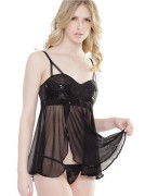 Sheer Mesh & Sequin Fly-Away Babydoll & G-String