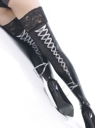 Black Wet-Look Thigh Highs W/ Silver Ribbon Backseam