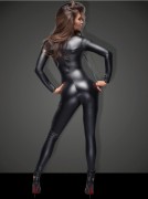 Wet-Look Skin-Tight Catsuit W/ Leash & Zipper Crotch