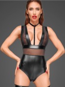 Wet-Look & Sheer Tulle Bodysuit W/ Zipper Crotch