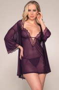 Plum Purple Mesh Chemise Lingerie & Robe Set