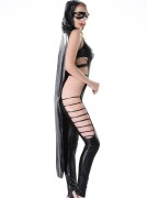 Black Wet-Look Strappy Catsuit, Hooded Cape & Eye Mask Set