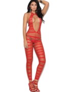 Fishnet & Stripes Cut-Out Footless Bodystocking W/ Open Crotch